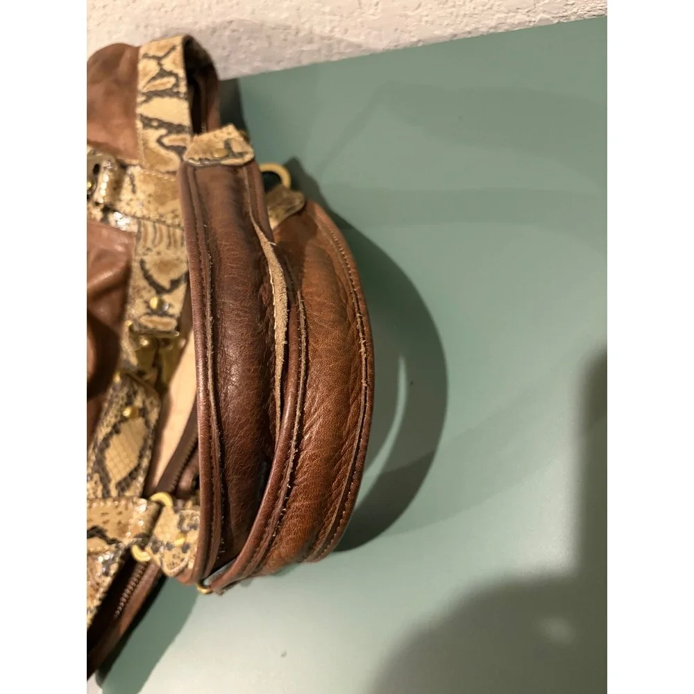Kesslord Paris Brown Leather Snakeskin Trim Satchel Hobo Bag Brass Hardware